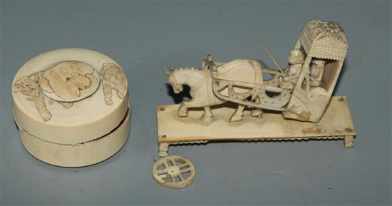 Indian ivory horse and carriage group and an ivory jar & cover